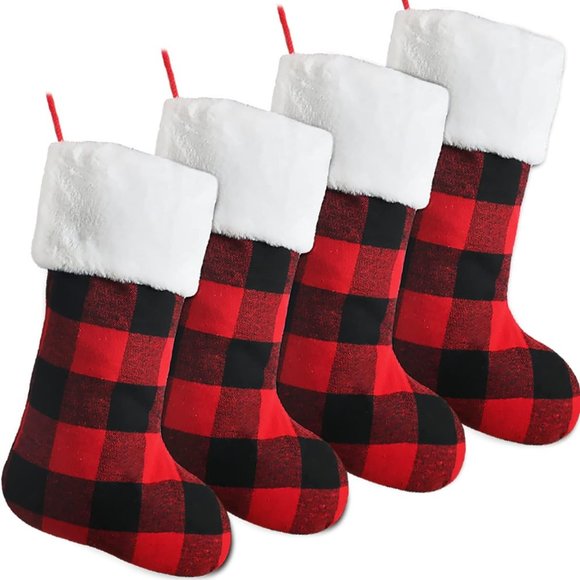 Meriwoods Christmas Stocking 4 Pk Rustic Xmas Stockings w/Buffalo Plaid & Faux f - Picture 6 of 7